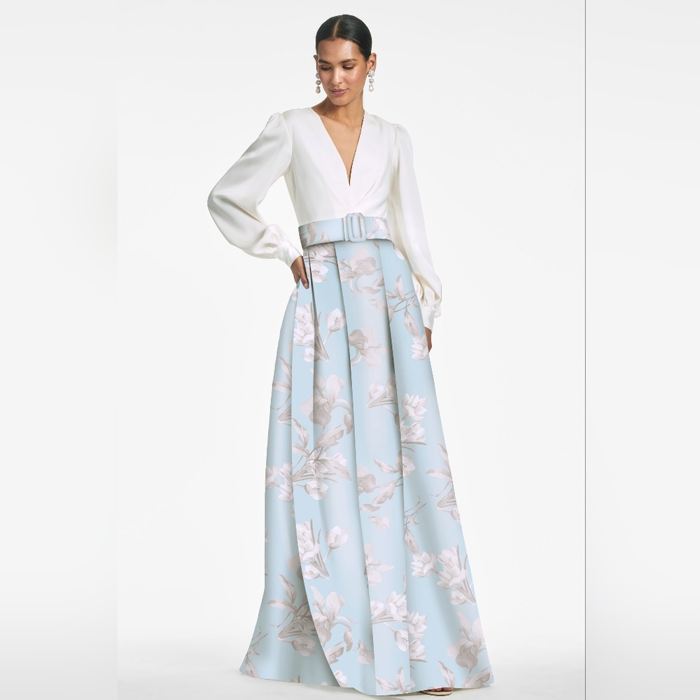 Sachin & Babi - Zoe Gown - Ivory/Sky Venetia Petals - V Neck Box Pleat Ball Gown